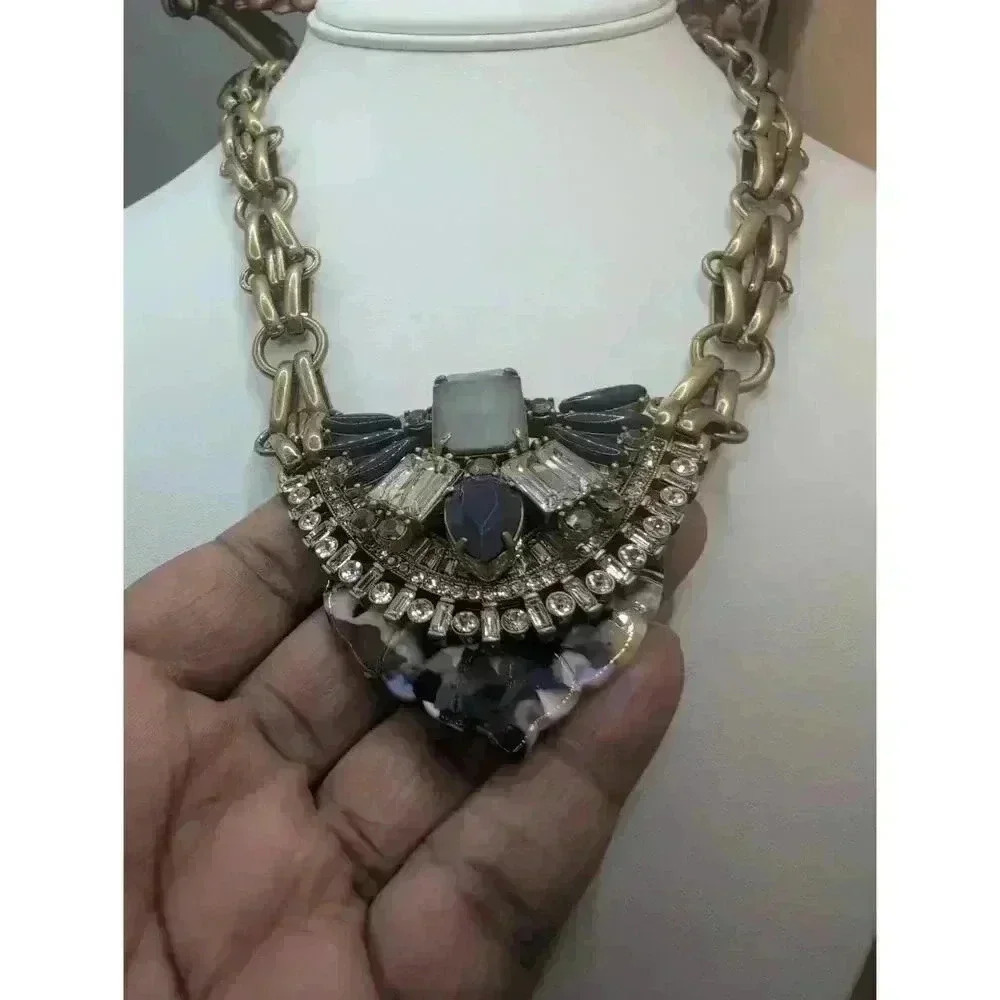 Stella And Dot Antique Gold Chunky Chain Decorative Stones Statement Necklace - Picture 3 of 7